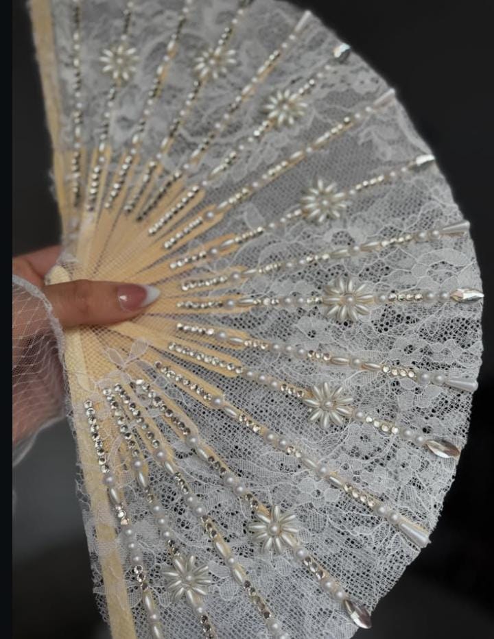 White beaded bridal hand fan