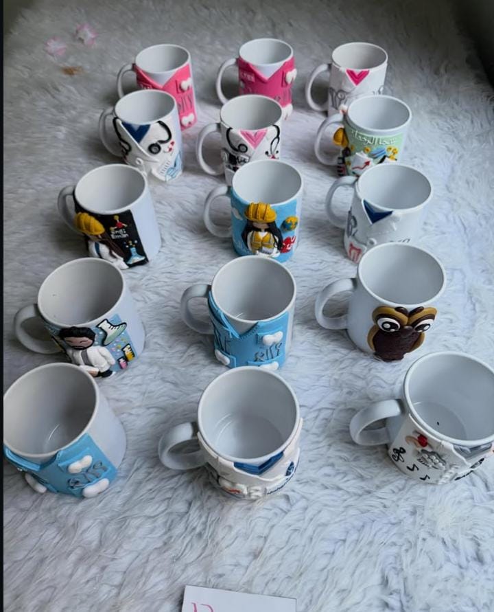 Collection of custom mugs displayed together