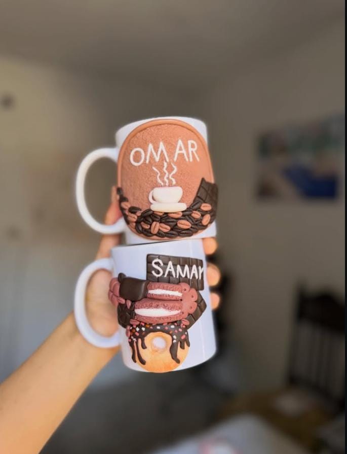 Stacked personalized illustrated mugs